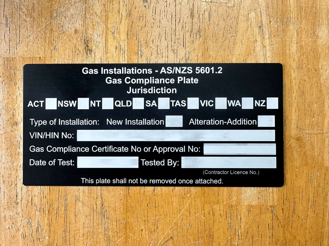 LPG compliance plate AS/NZS 5601.2 for gas installations, featuring space for details and certification.