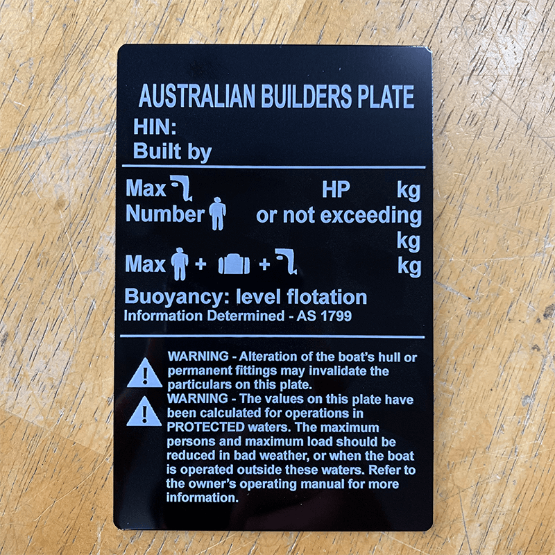 Australian Builders Plate showing safety compliance details for recreational boats in Australia.